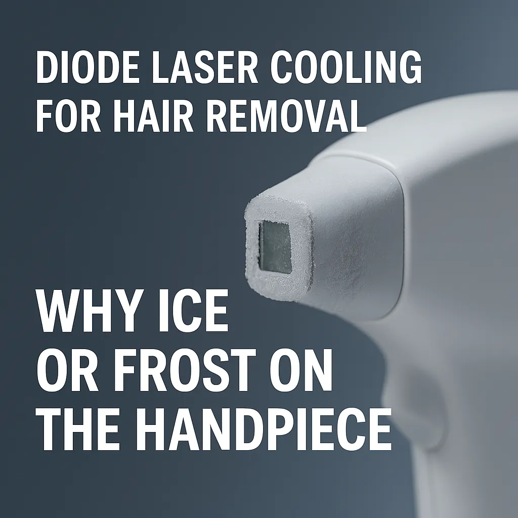 Close-up of a diode laser handpiece with frost on the sapphire tip, illustrating cooling system issues