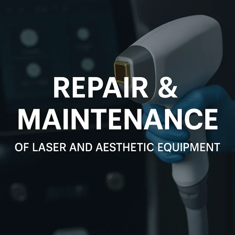 Technician in gloves handling a diode laser handpiece for repair and maintenance of aesthetic equipment