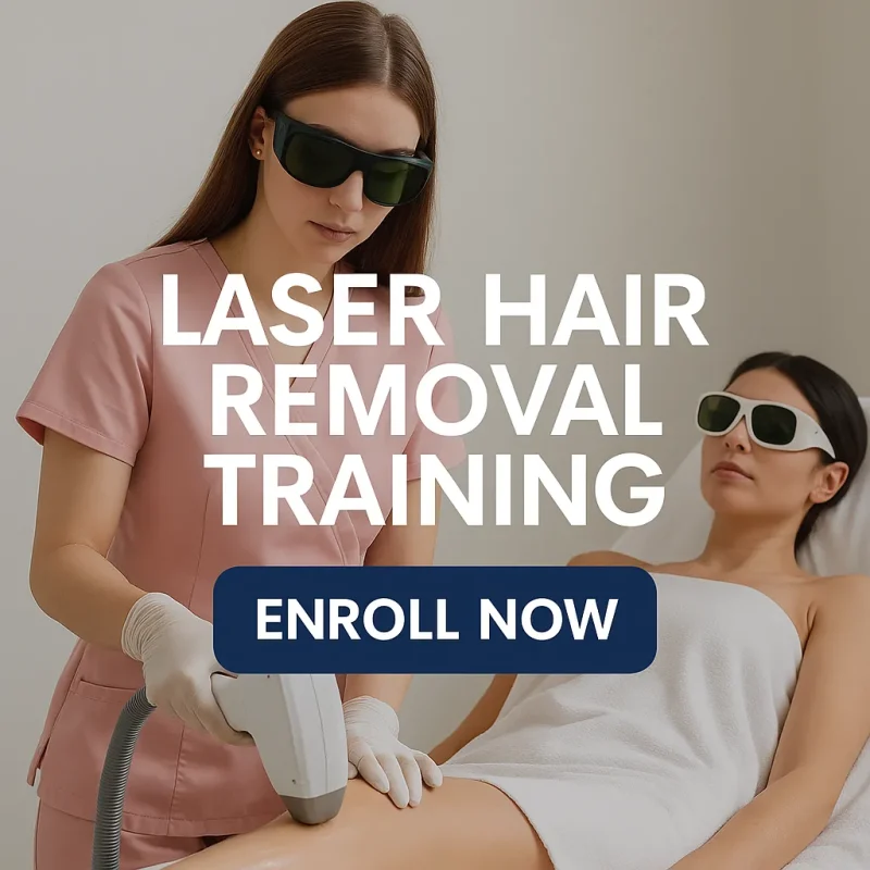 Female esthetician performing laser hair removal on a client during training, with call-to-action text promoting enrollment