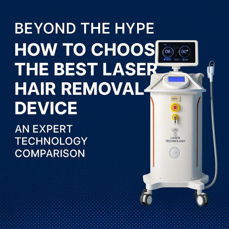 Premium diode laser hair removal device with touchscreen and ergonomic handpiece on a professional blue background