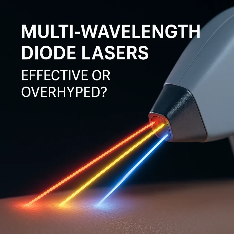 Close-up of a multi-wavelength diode laser handpiece emitting colorful beams, highlighting the debate on its effectiveness